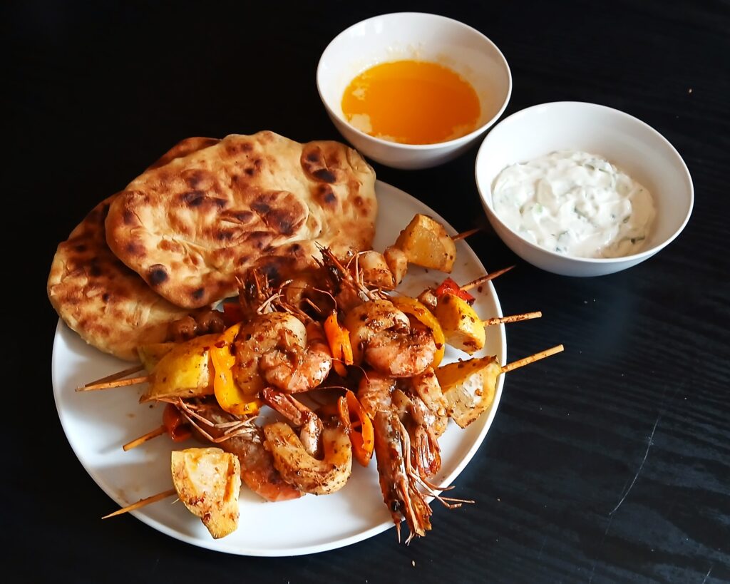 Spicy Prawn & Calamari Braai Skewers with Tzatziki-Style & Garlic Butter Dips