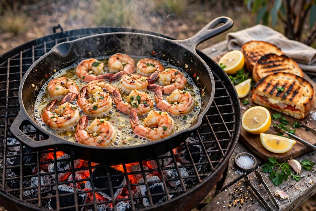 Garlic butter prawns braai skillets