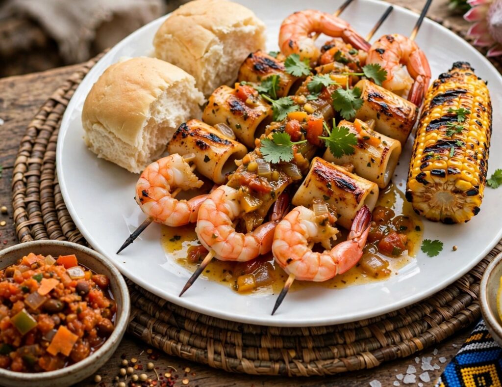Durban heritage fire peri peri prawn and calamari sosaties with chakalaka garlic butter