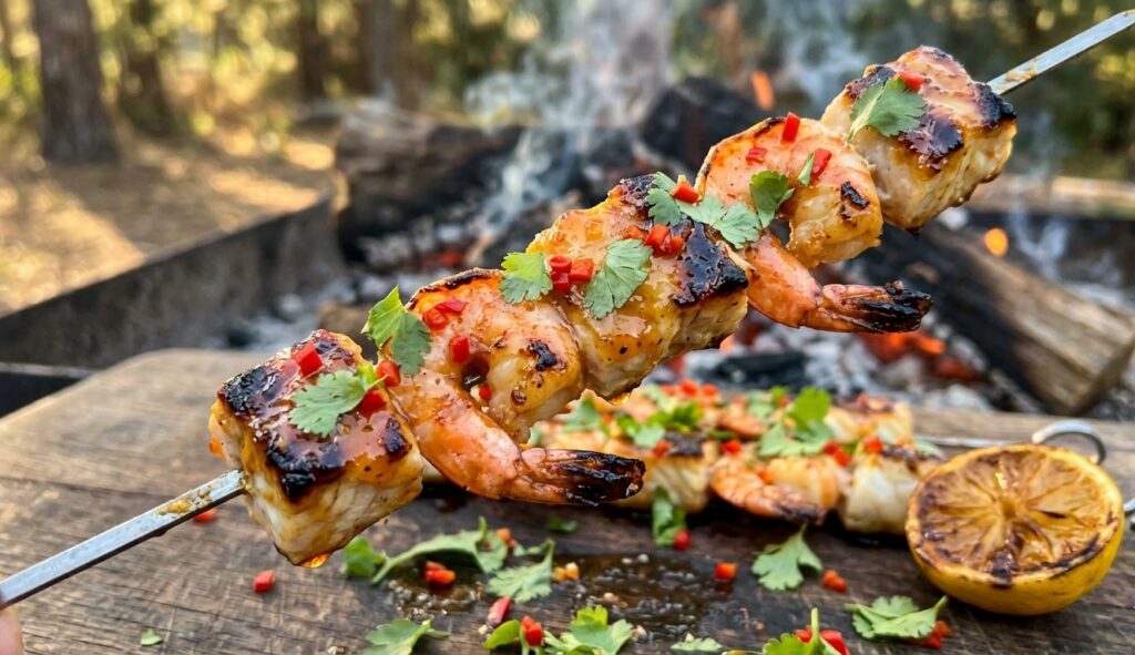 Flame-kissed Snoek & Prawn Sosaties with Apricot-Chilli Glaze