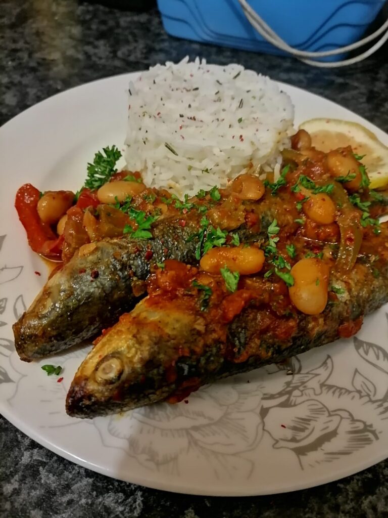 Braaied Harders with Tomato Butter Bean Smoor served with Herbed Basmati Rice